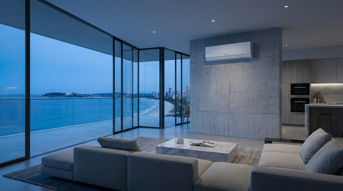 Modern Gold Coast living room with split-system air conditioning and ocean views